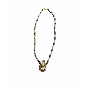Vtg Beaded Neutral Color Necklace Pendant Collar 16" Choker Brutalist Art Knot